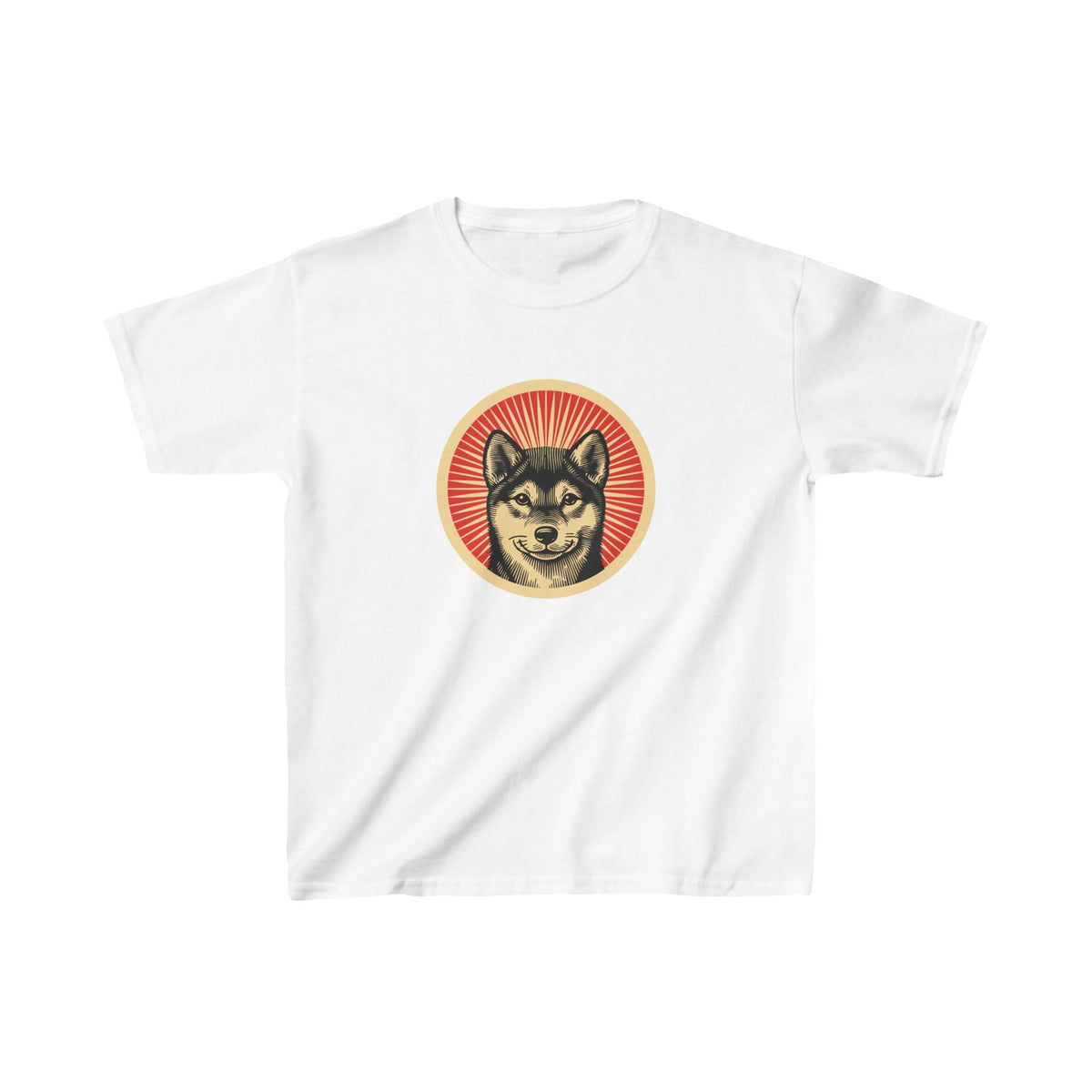 Shiba Inu badge art in a ring of red rays on a kids' tee