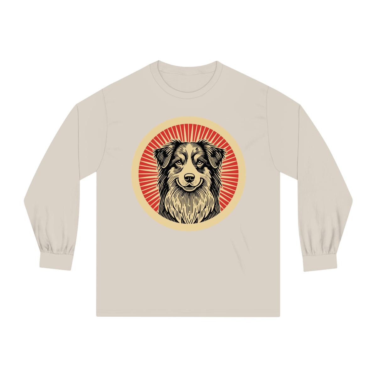 Australian Shepherd badge art in a ring of red rays on a long-sleeve tee