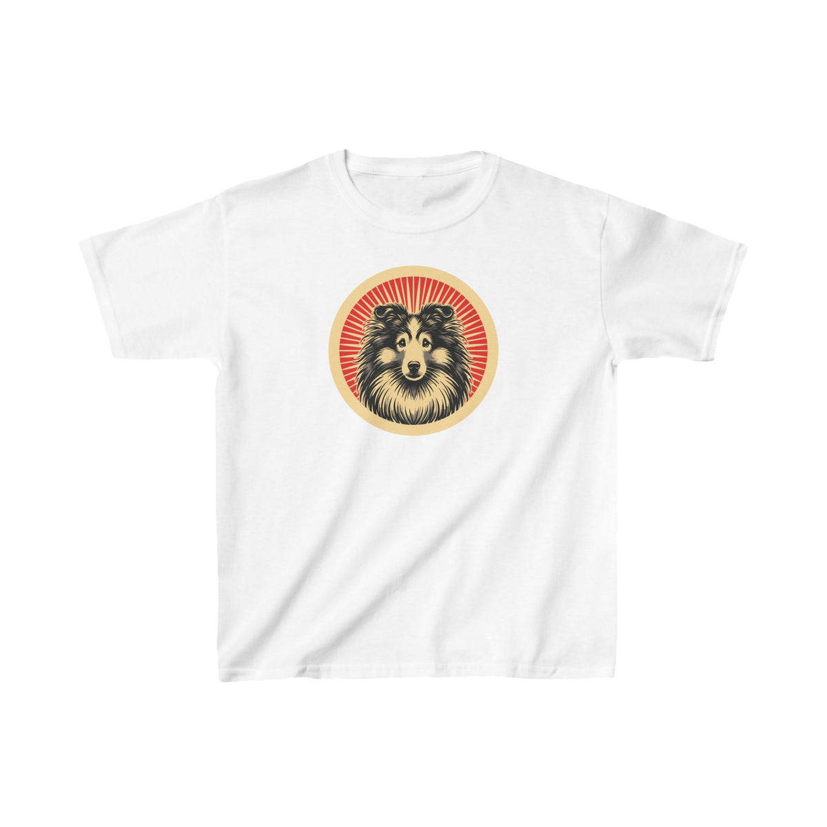 Shetland Sheepdog badge art in a ring of red rays on a kids' tee