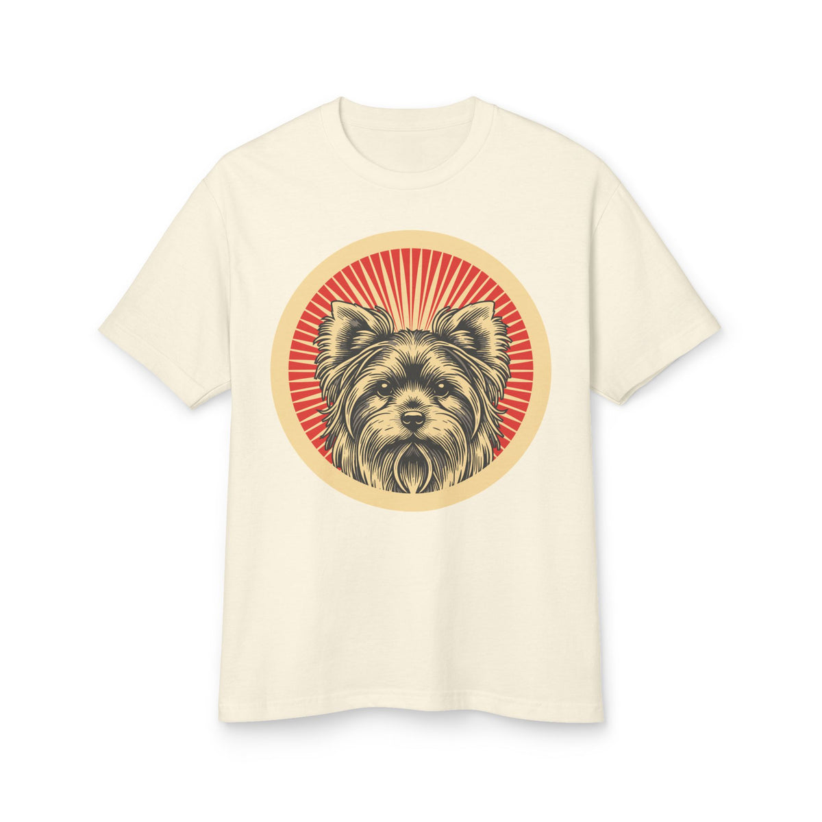 Yorkshire Terrier badge art in a ring of red rays on a heavyweight tee