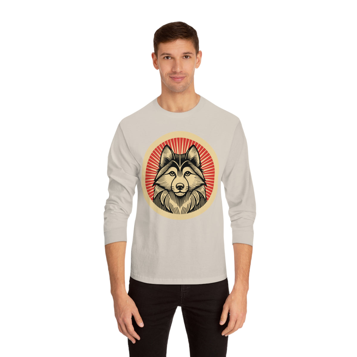 Alaskan Klee Kai badge art in a ring of red rays on a long-sleeve tee