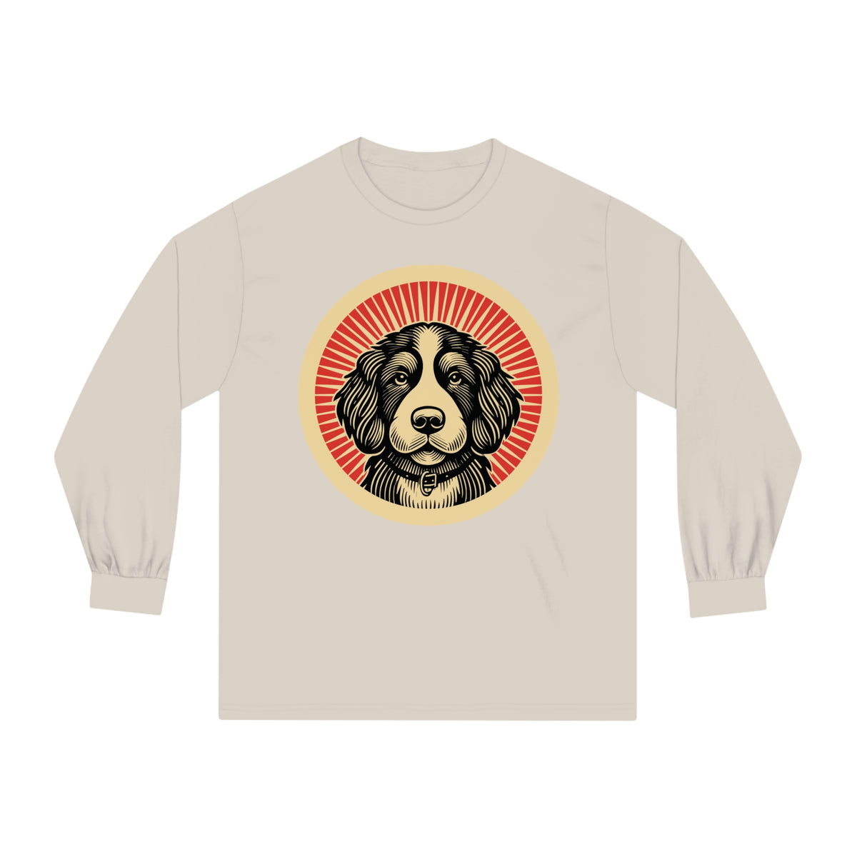 Bernedoodle badge art in a ring of red rays on a long-sleeve tee