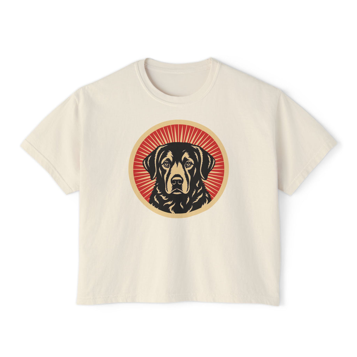 Chesapeake Bay Retriever badge art in a ring of red rays on a boxy tee