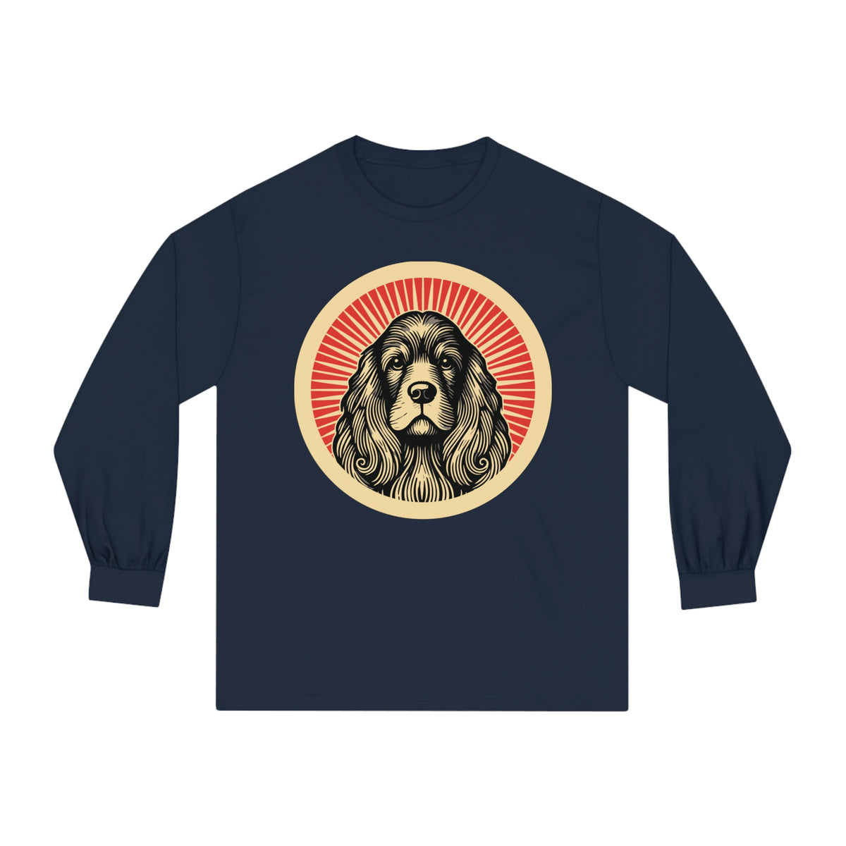 American Cocker Spaniel badge art in a ring of red rays on a long-sleeve tee