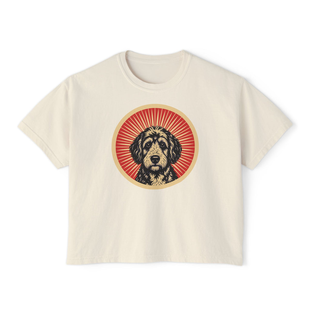 Bordoodle badge art in a ring of red rays on a boxy tee