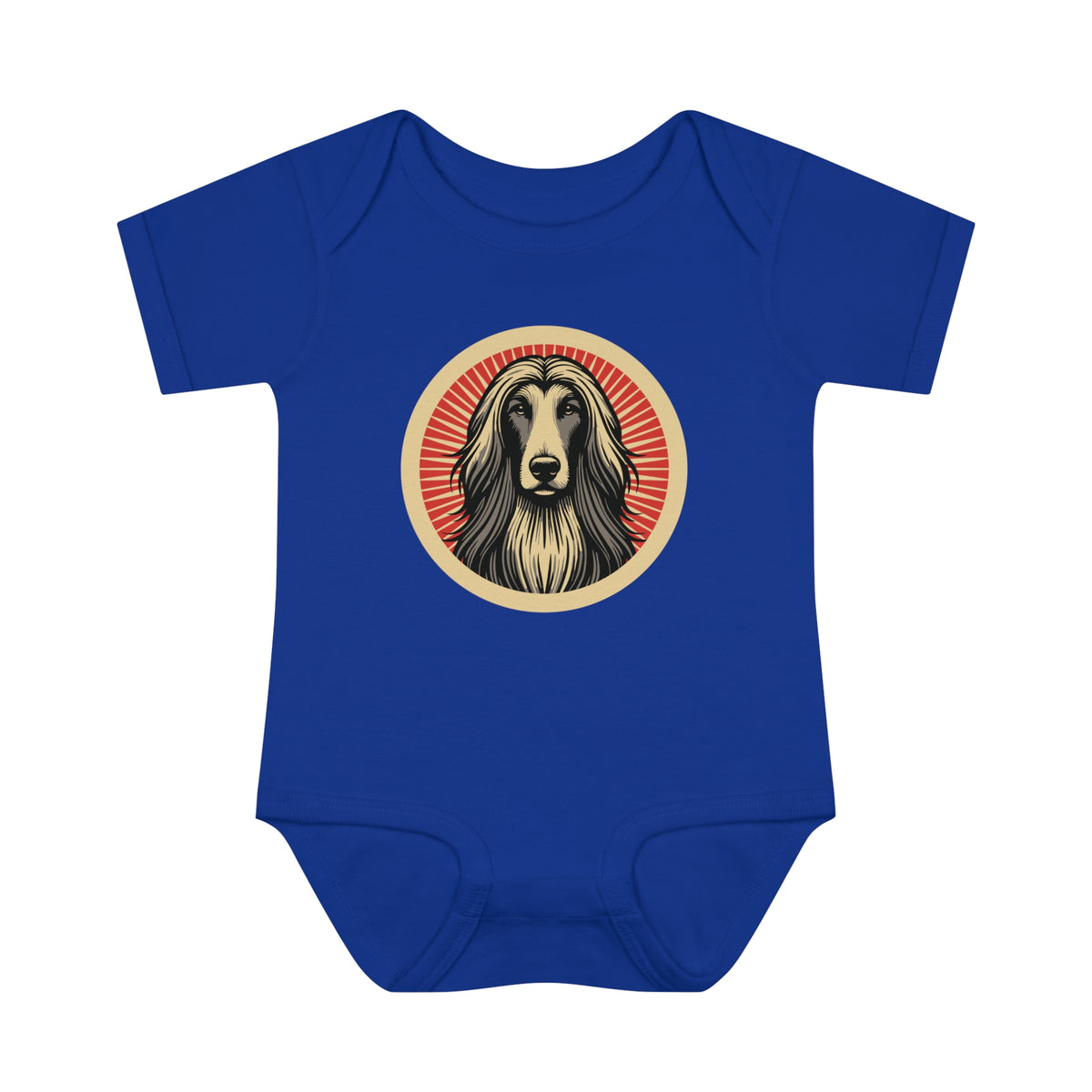 Afghan Hound badge art in a ring of red rays on a baby bodysuit
