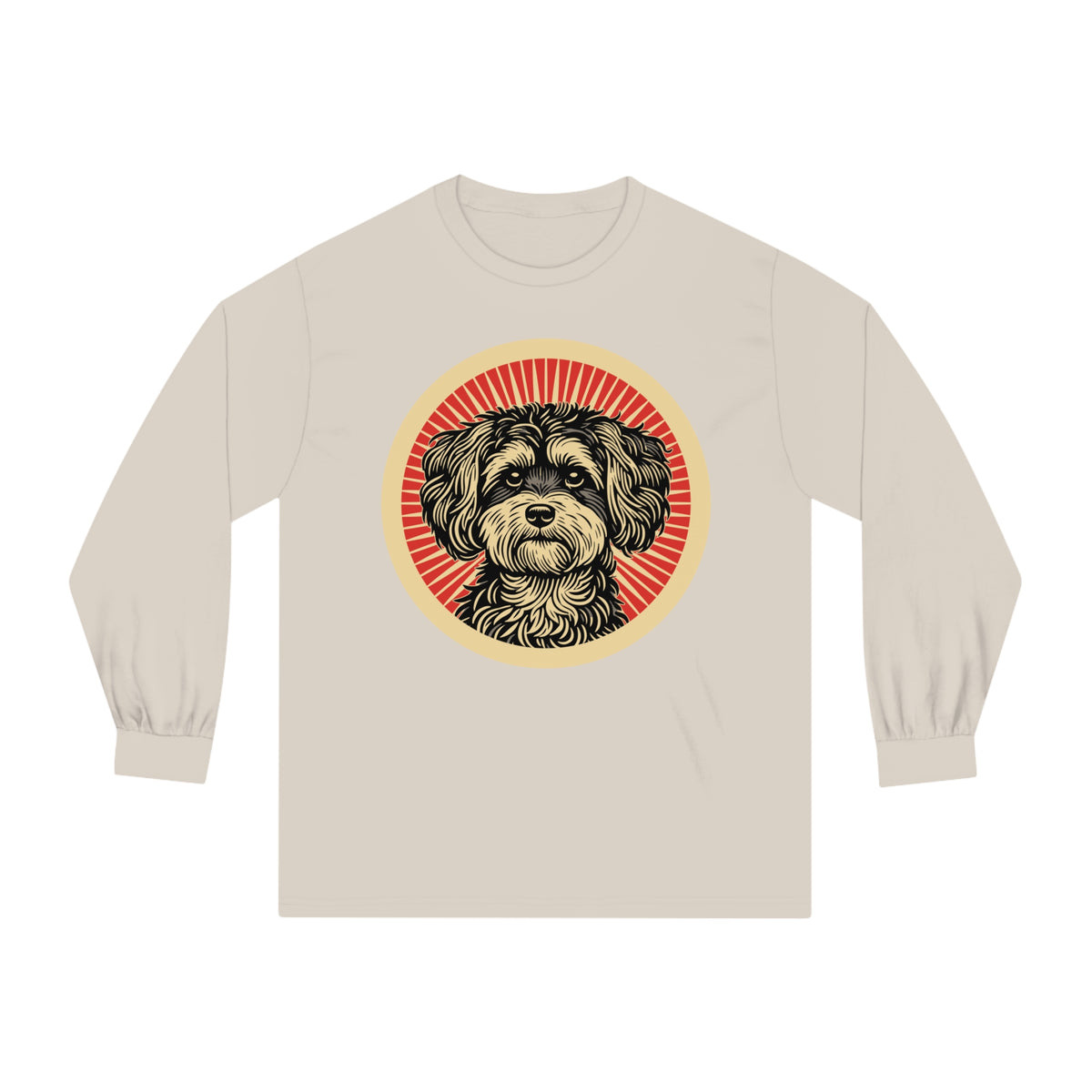 Maltipoo badge art in a ring of red rays on a long-sleeve tee