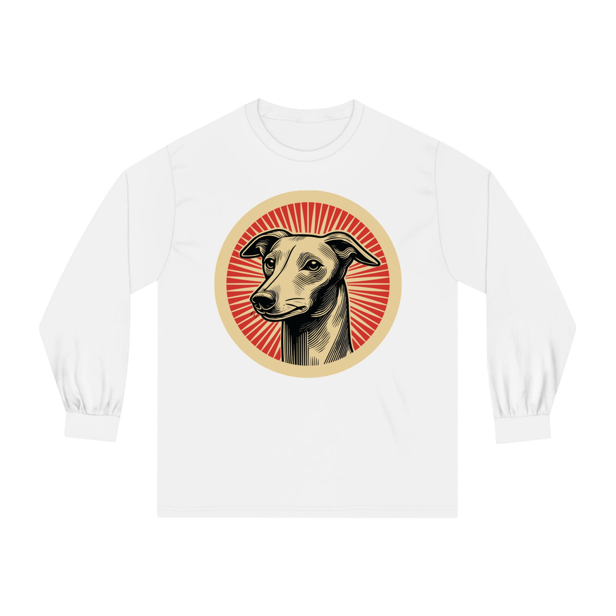 Italian Greyhound badge art in a ring of red rays on a long-sleeve tee
