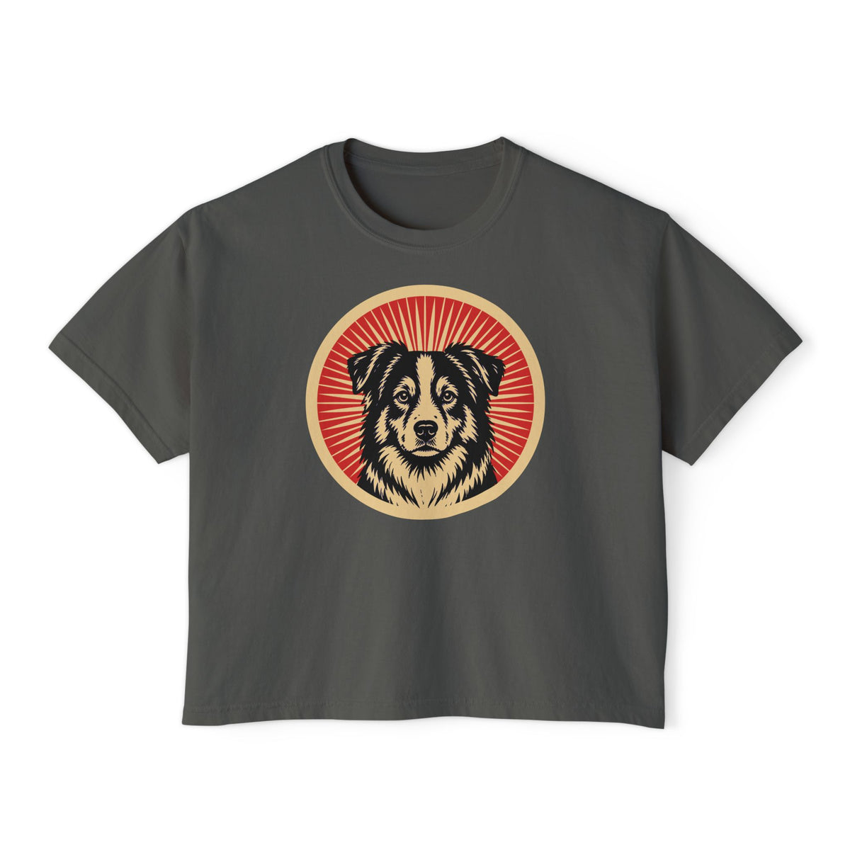 Miniature American Shepherd badge art in a ring of red rays on a boxy tee