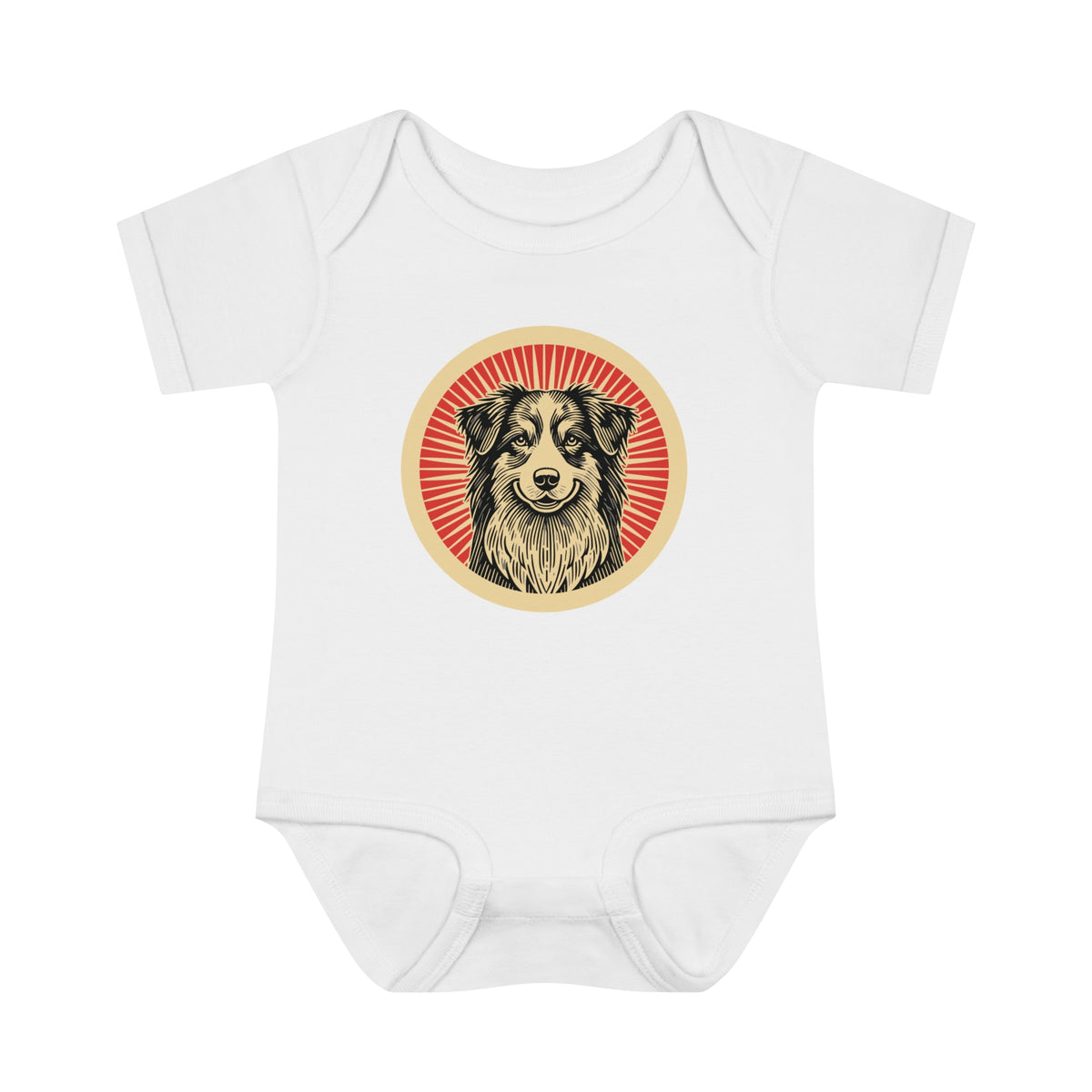 Australian Shepherd badge art in a ring of red rays on a baby bodysuit