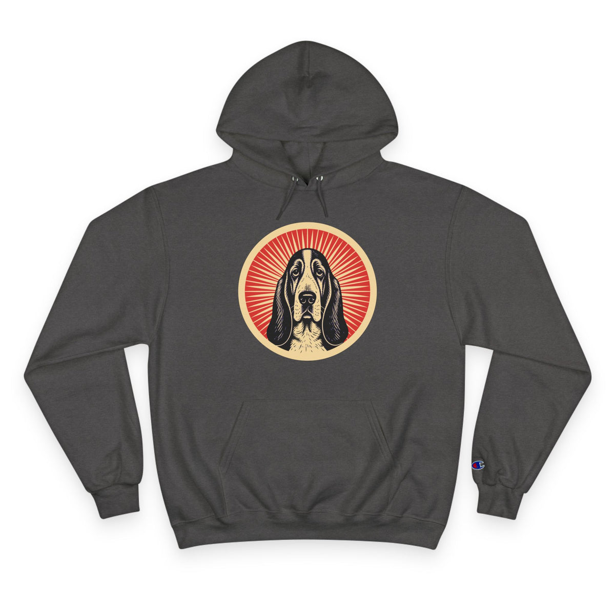 Basset Hound badge art in a ring of red rays on a champion hoodie