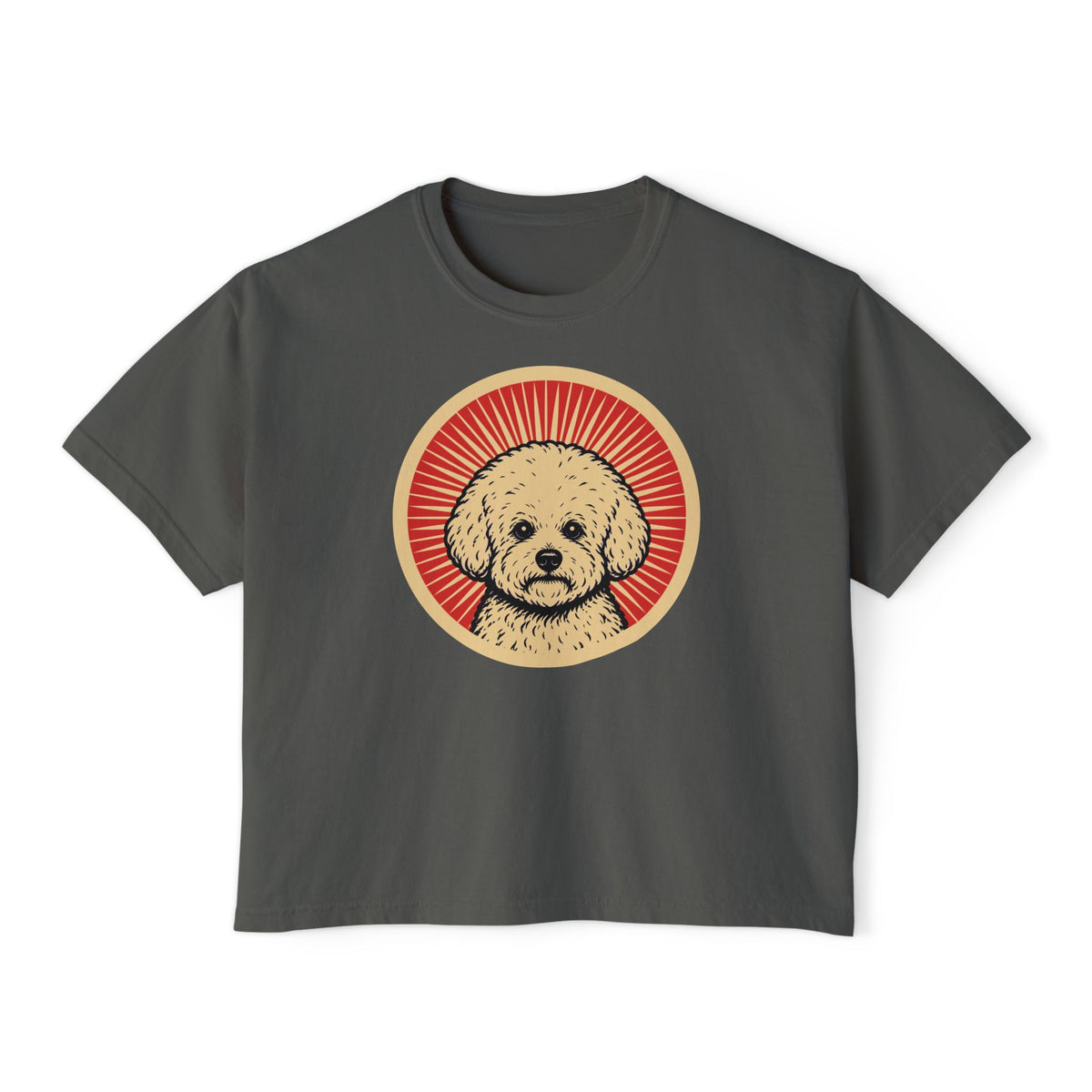 Bichon Frise badge art in a ring of red rays on a boxy tee