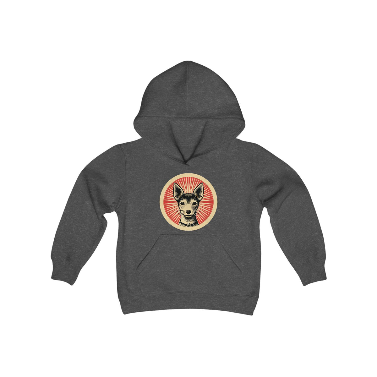 Toy Fox Terrier badge art in a ring of red rays on a kids' hoodie