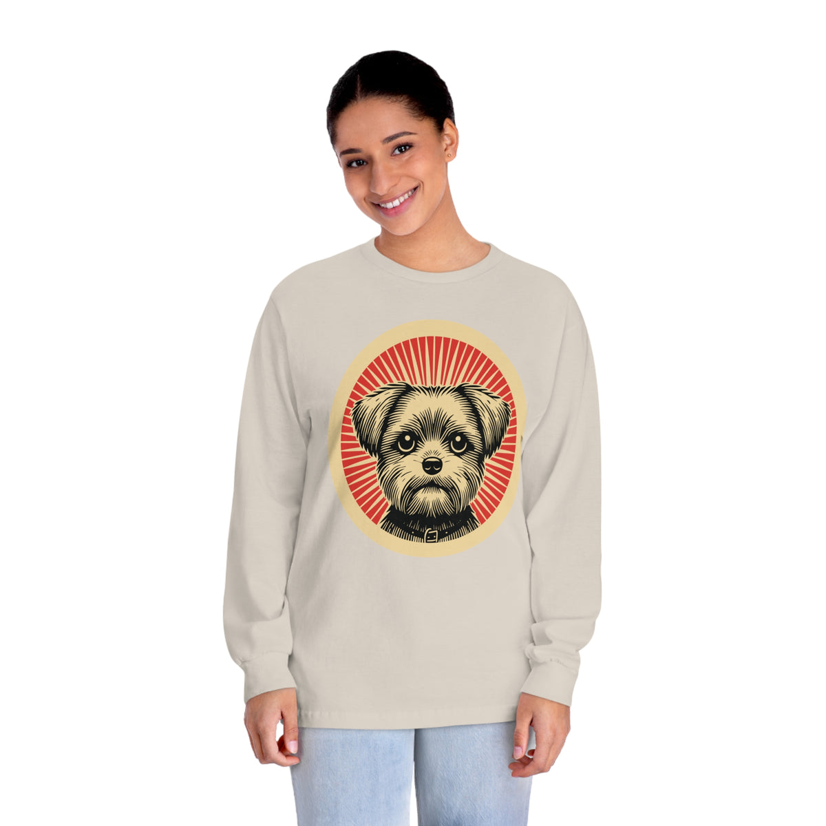 Shorkie badge art in a ring of red rays on a long-sleeve tee