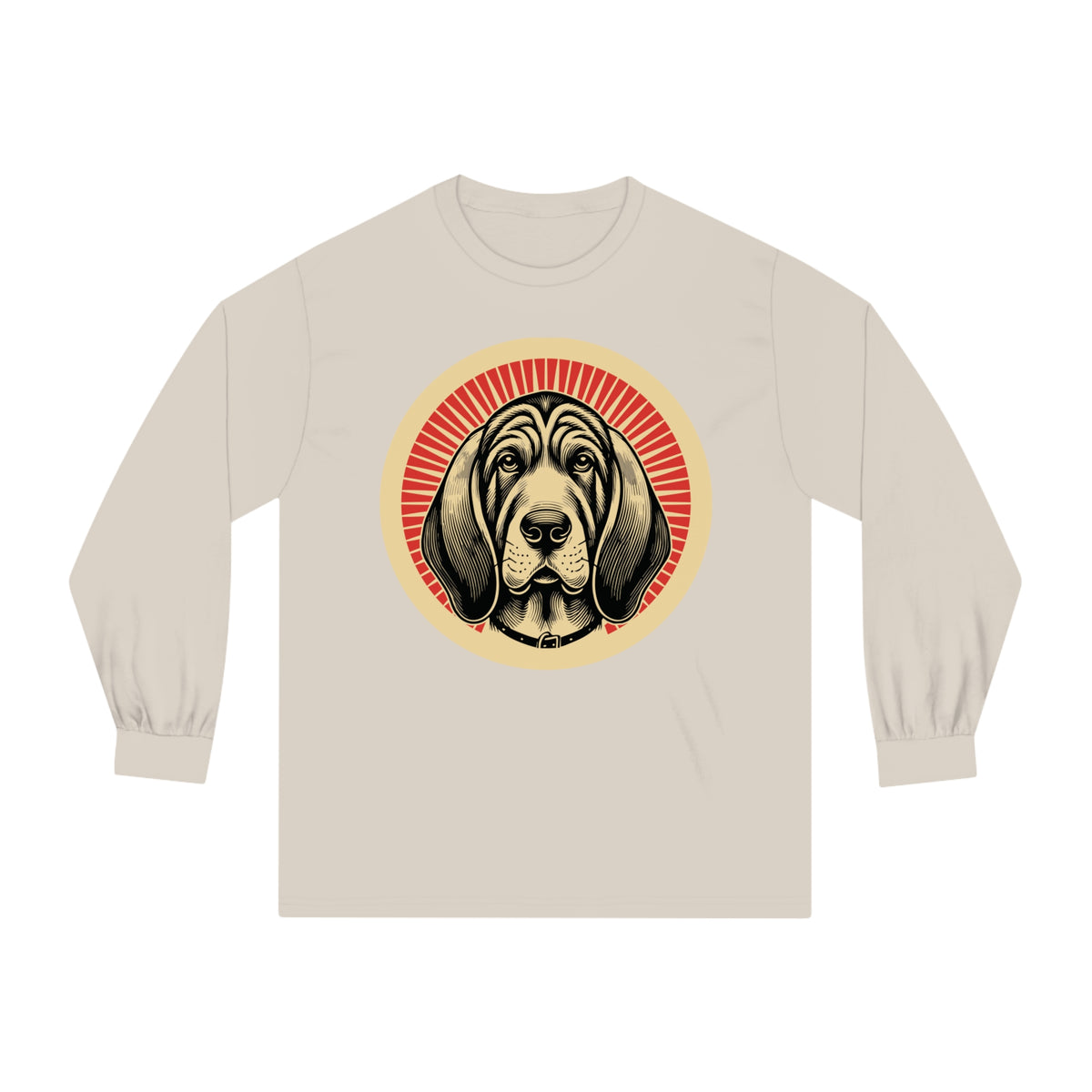 Bloodhound badge art in a ring of red rays on a long-sleeve tee