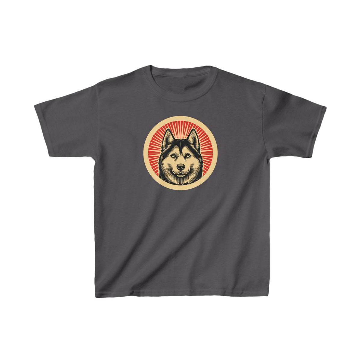 Siberian Husky badge art in a ring of red rays on a kids' tee