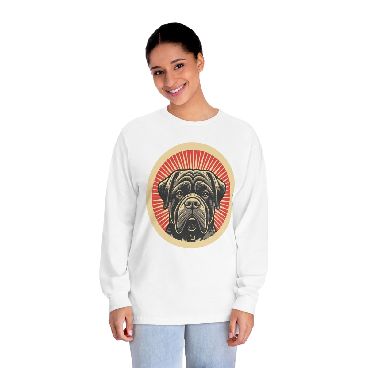 Bullmastiff badge art in a ring of red rays on a long-sleeve tee