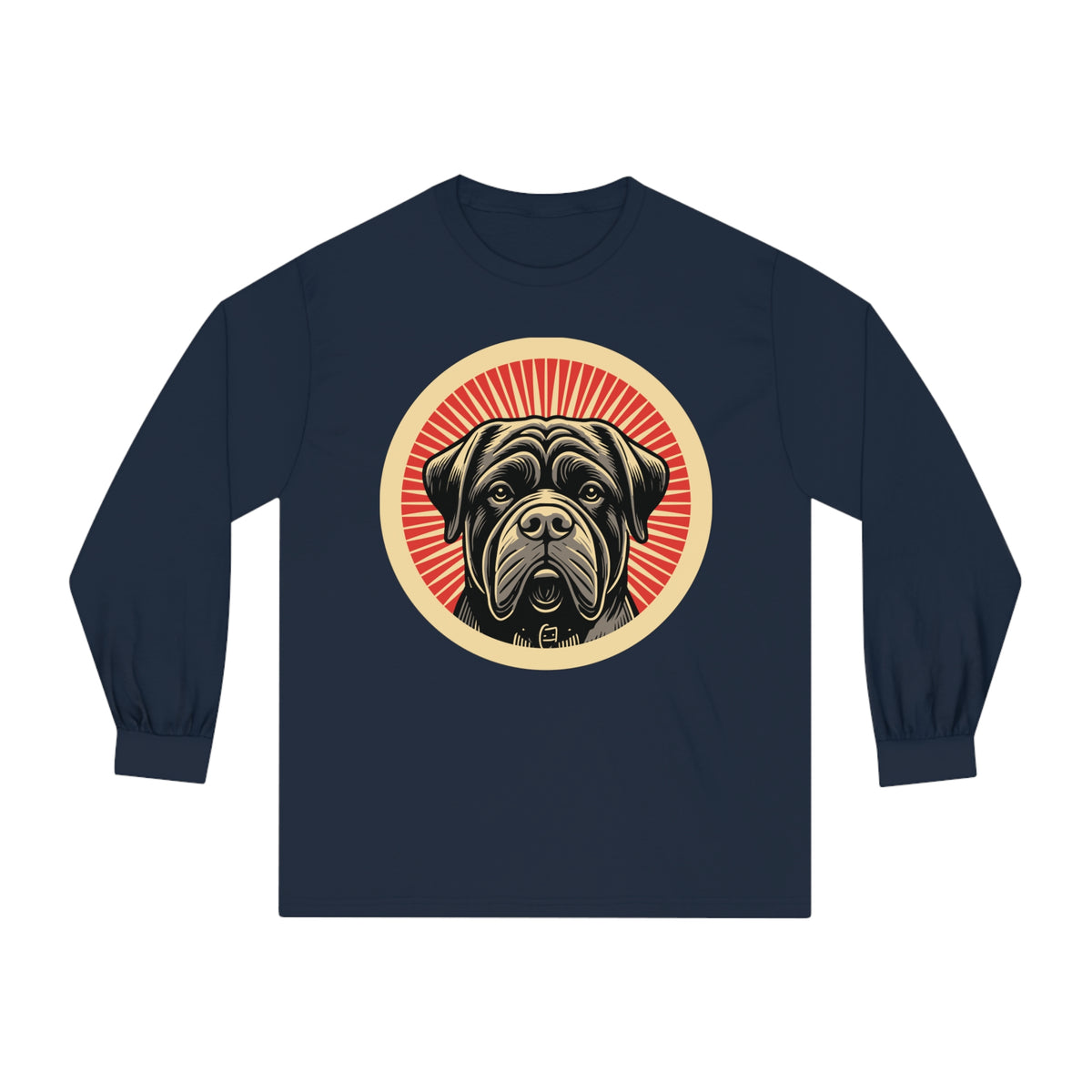 Bullmastiff badge art in a ring of red rays on a long-sleeve tee