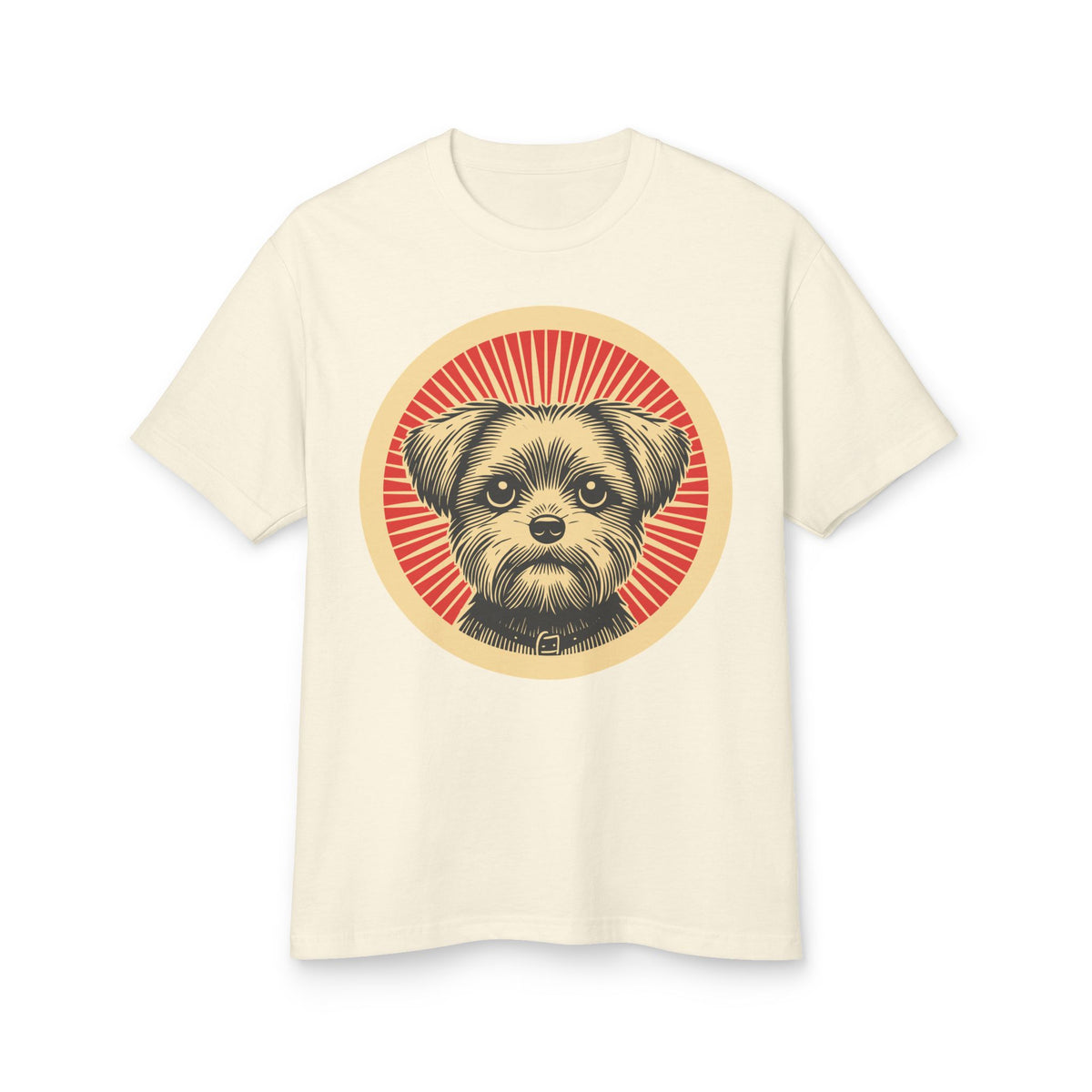 Shorkie badge art in a ring of red rays on a heavyweight tee