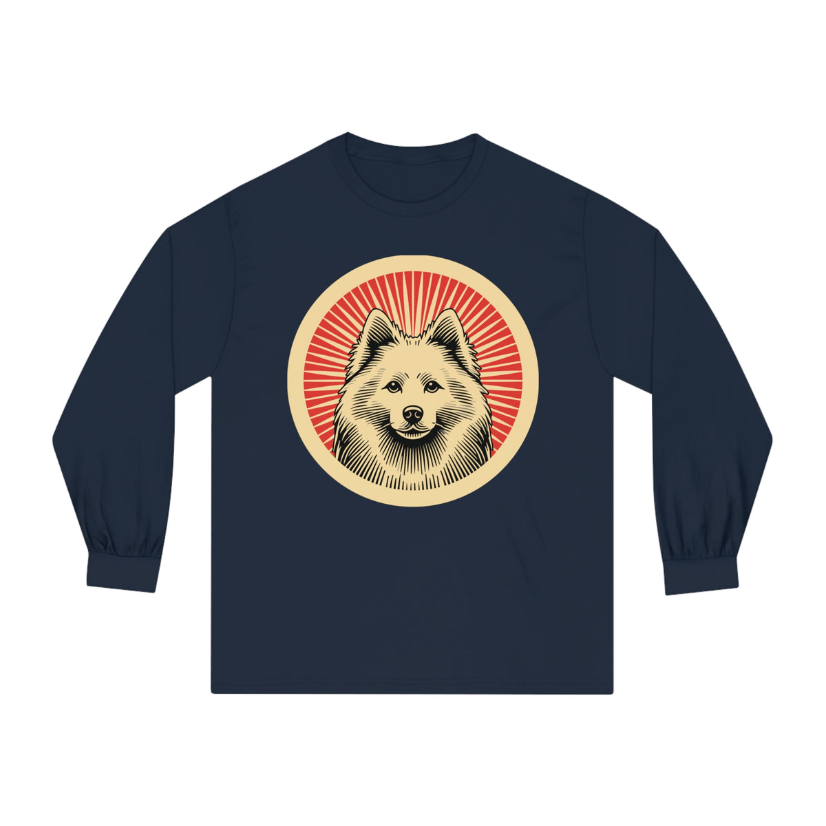 American Eskimo Dog badge art in a ring of red rays on a long-sleeve tee