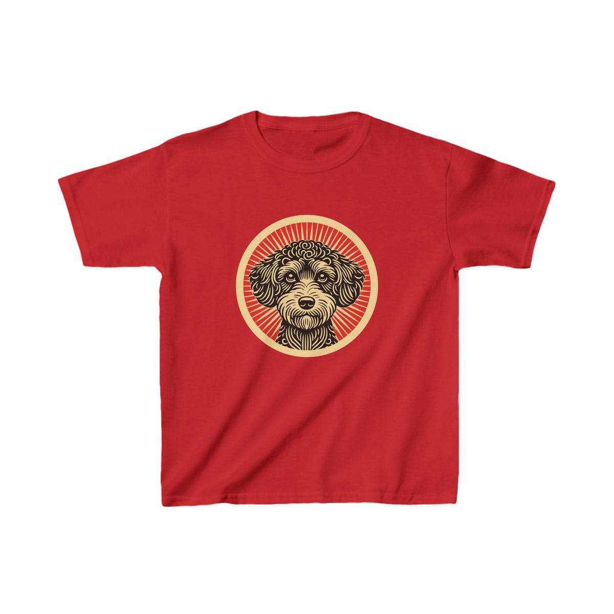 Schnoodle badge art in a ring of red rays on a kids' tee