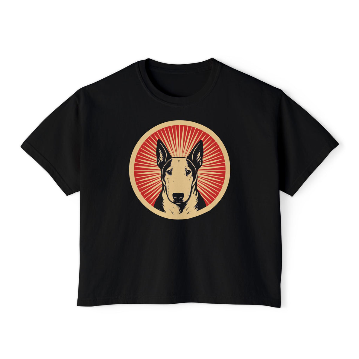 Bull Terrier badge art in a ring of red rays on a boxy tee