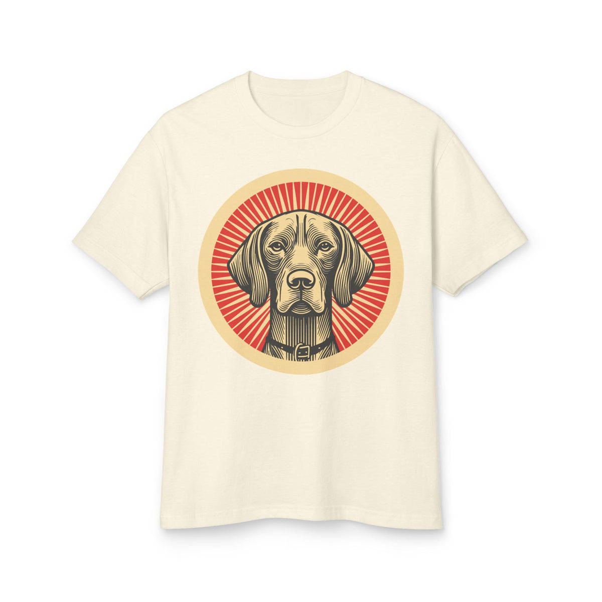 Vizsla badge art in a ring of red rays on a heavyweight tee
