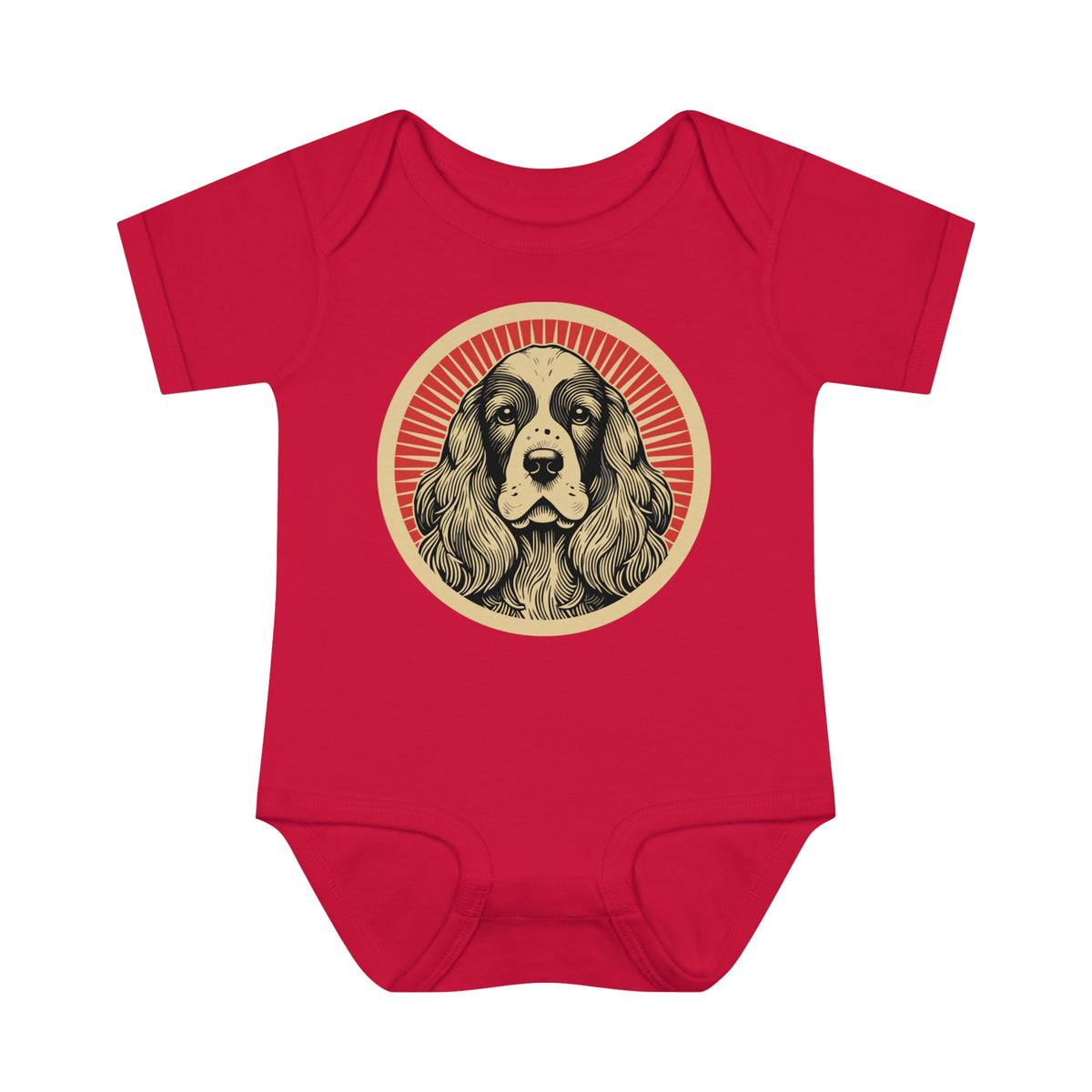 English Cocker Spaniel badge art in a ring of red rays on a baby bodysuit