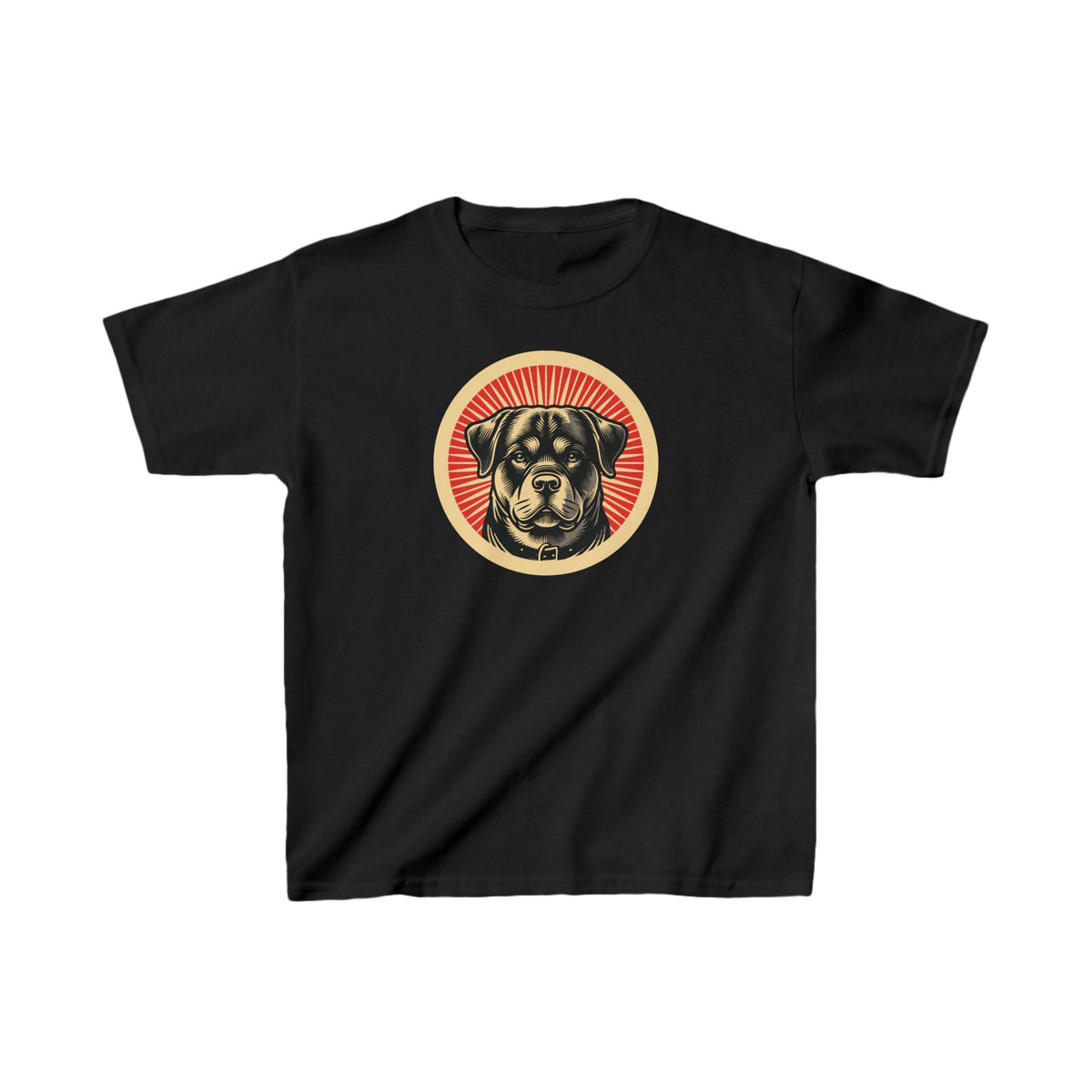 Rottweiler badge art in a ring of red rays on a kids' tee