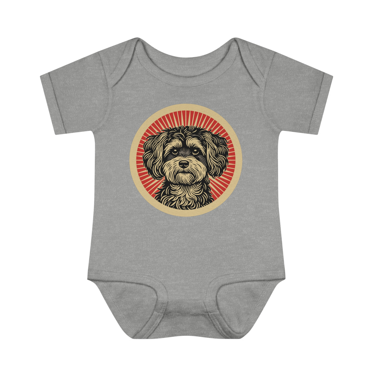 Maltipoo badge art in a ring of red rays on a baby bodysuit