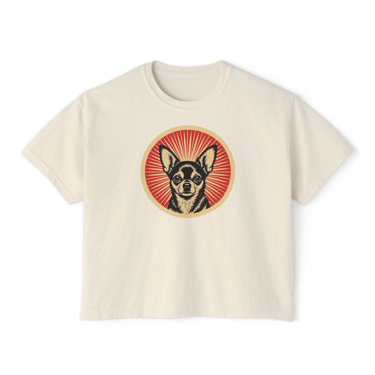 Chihuahua badge art in a ring of red rays on a boxy tee