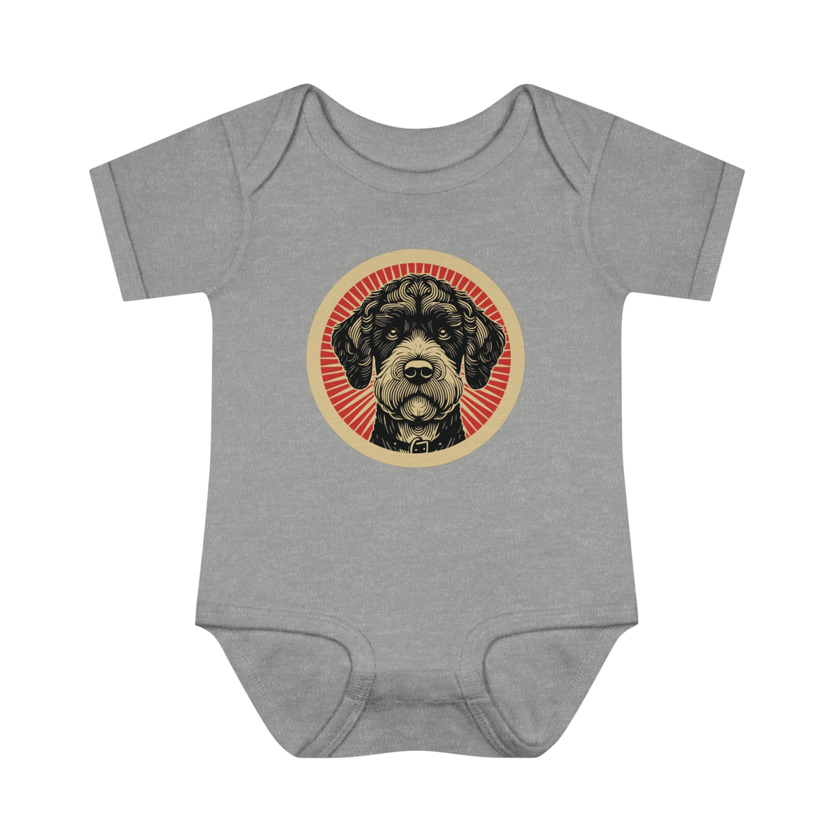 Boxerdoodle badge art in a ring of red rays on a baby bodysuit