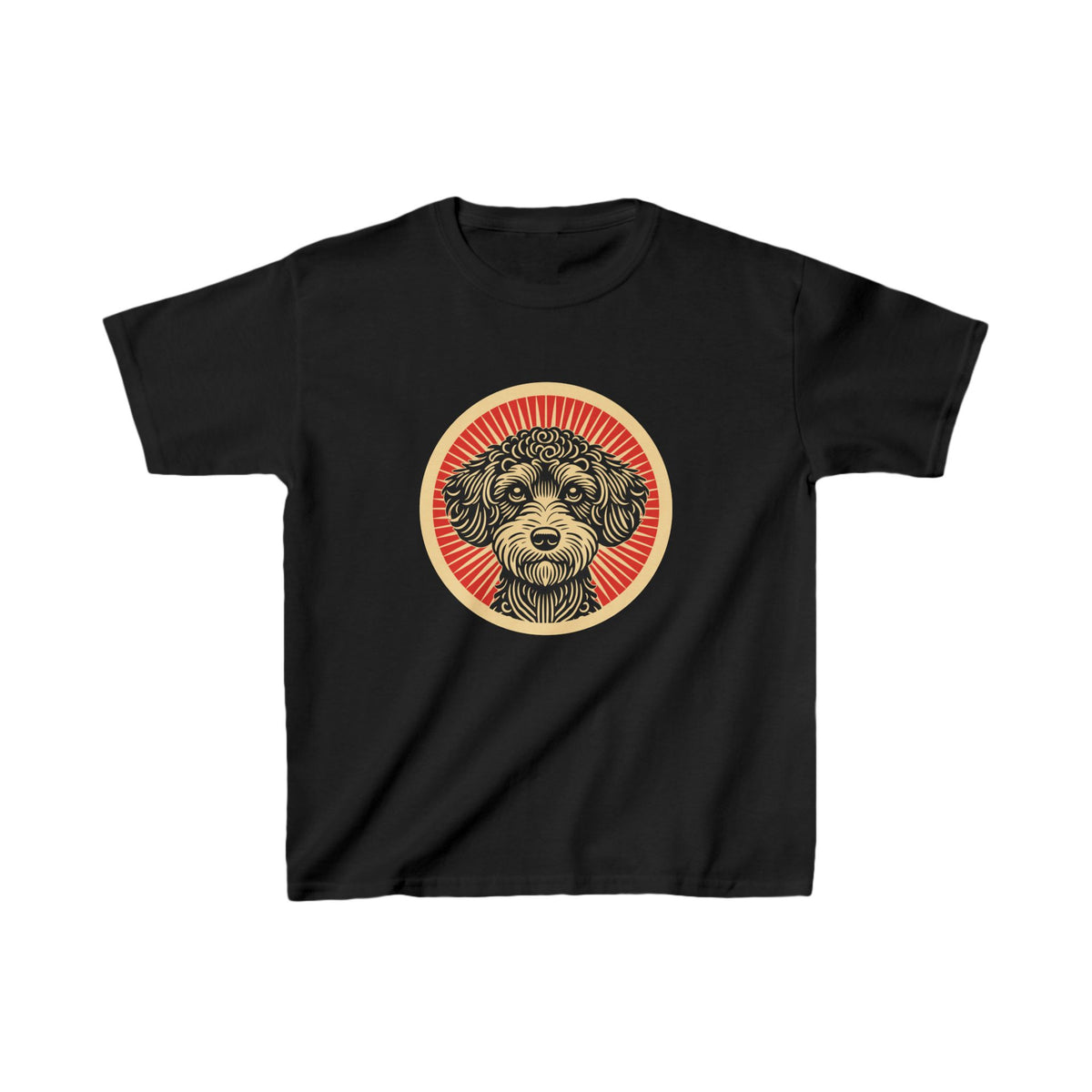 Schnoodle badge art in a ring of red rays on a kids' tee