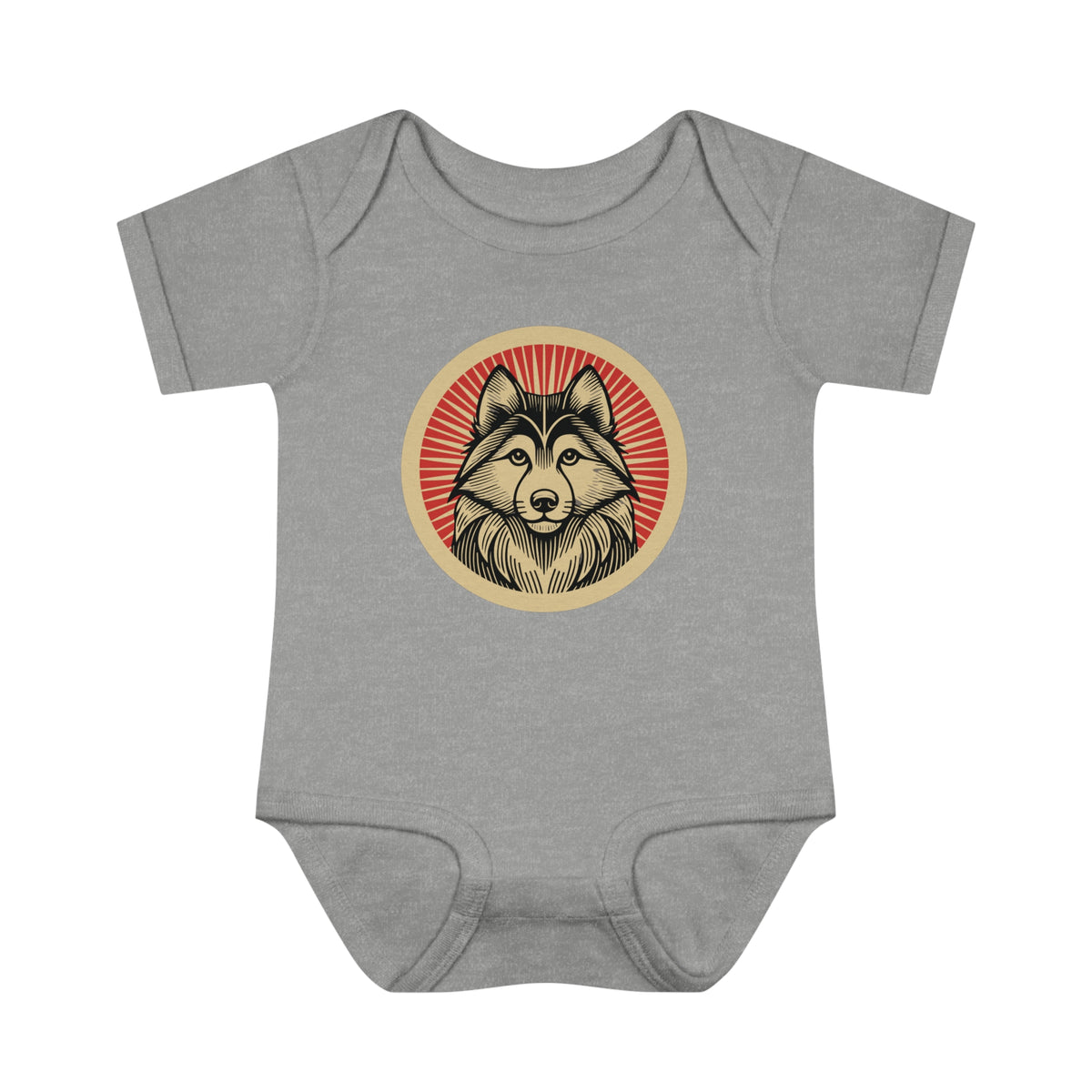 Alaskan Klee Kai badge art in a ring of red rays on a baby bodysuit