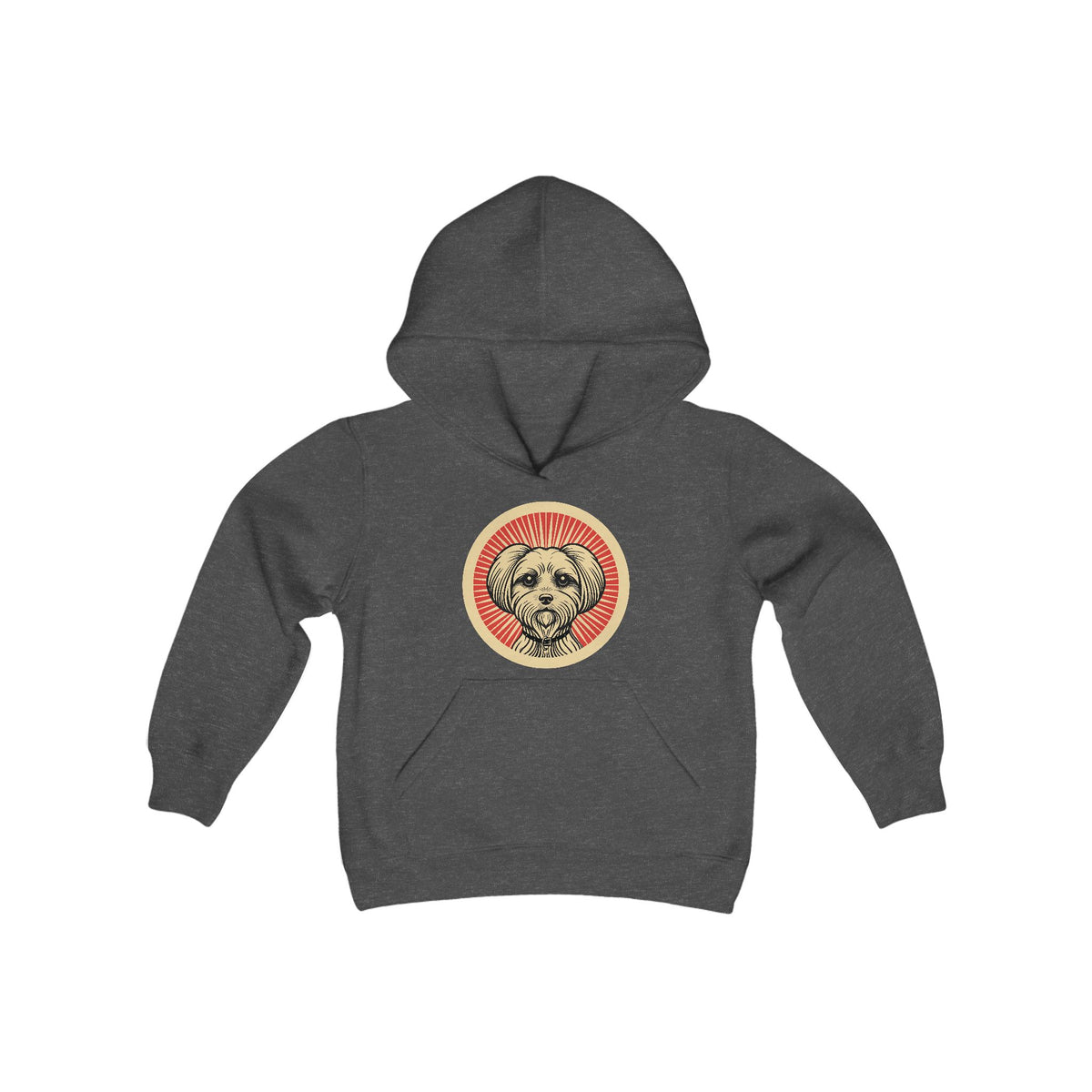 Maltese badge art in a ring of red rays on a kids' hoodie