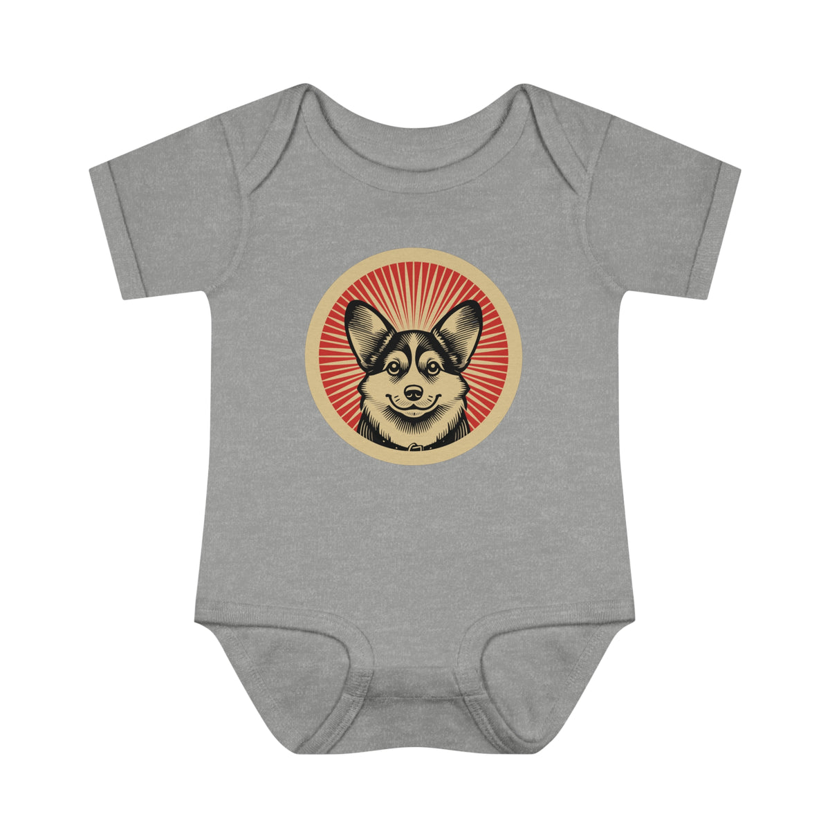 Pembroke Welsh Corgi badge art in a ring of red rays on a baby bodysuit