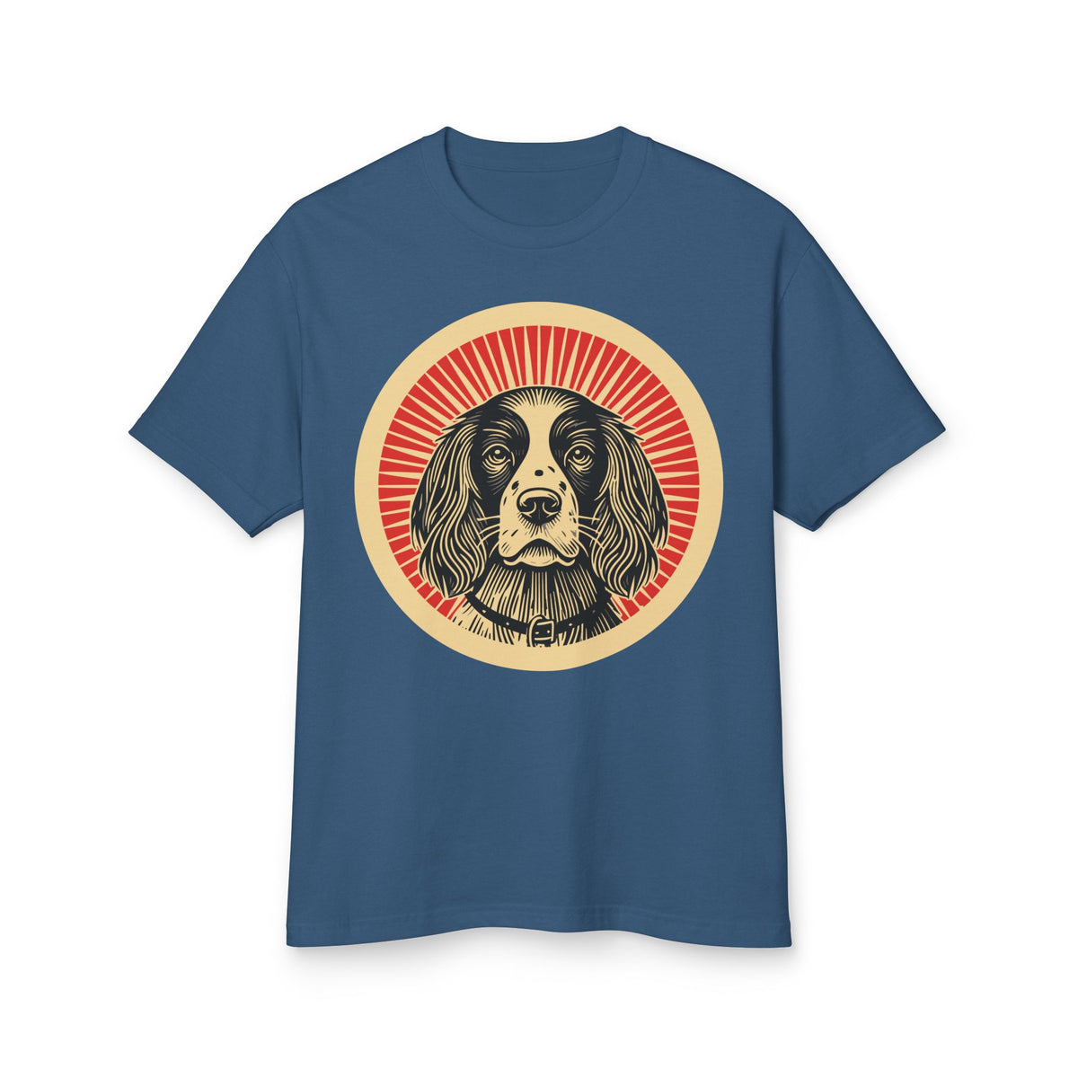 English Springer Spaniel badge art in a ring of red rays on a heavyweight tee