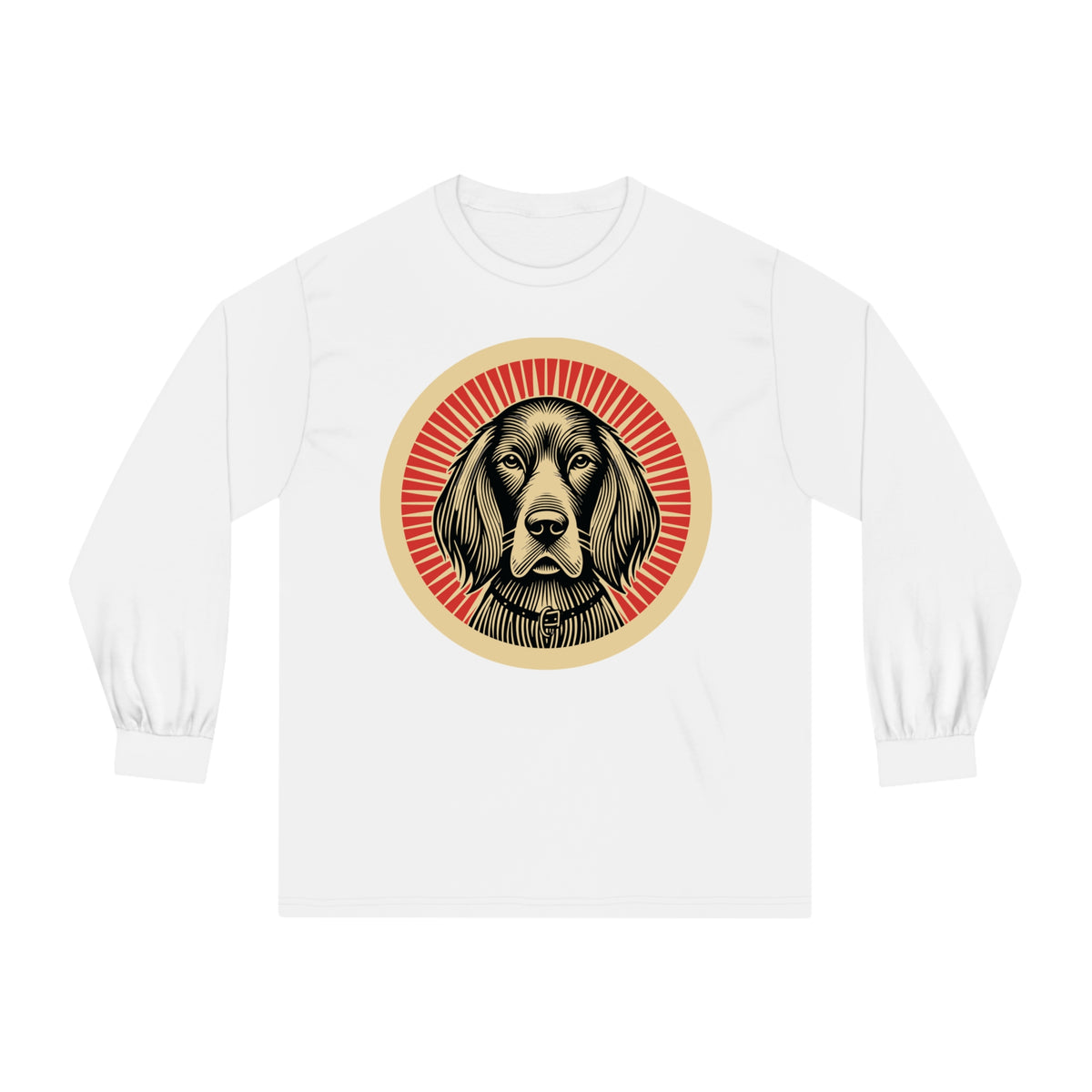 Irish Setter badge art in a ring of red rays on a long-sleeve tee