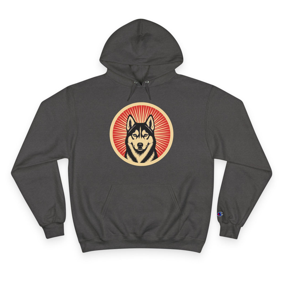 Siberian Husky badge art in a ring of red rays on a champion hoodie