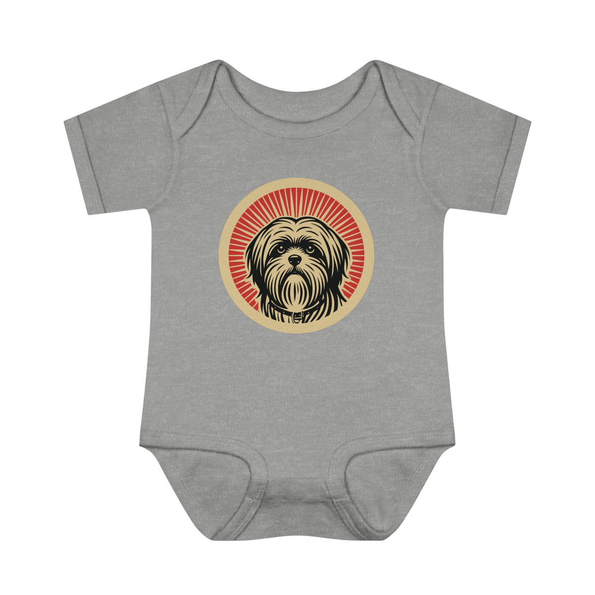 Lhasa Apso badge art in a ring of red rays on a baby bodysuit