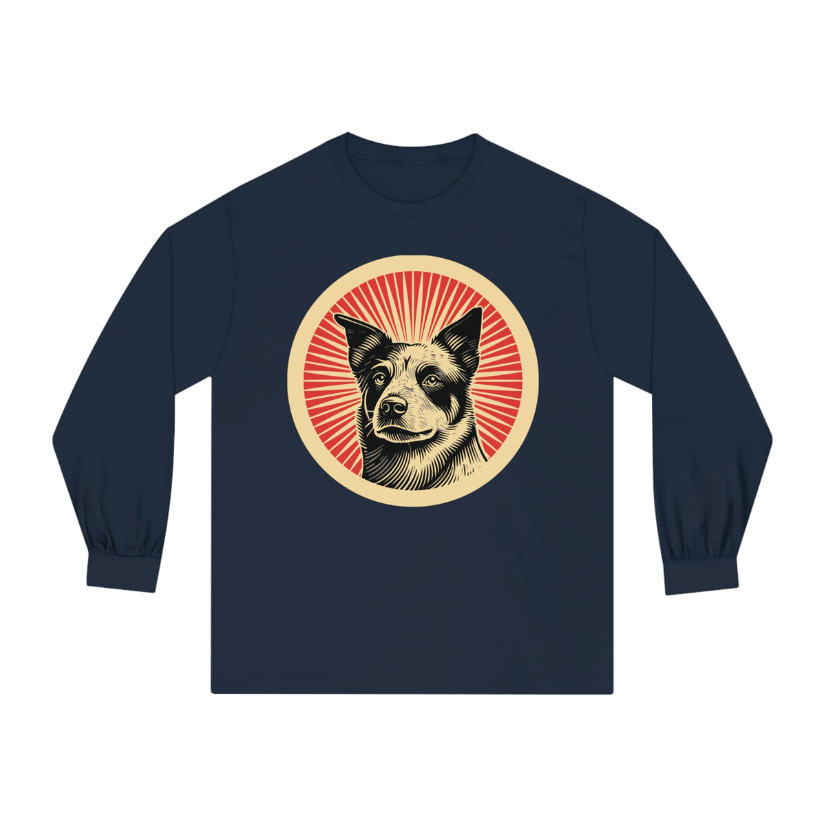 Australian Cattle Dog badge art in a ring of red rays on a long-sleeve tee