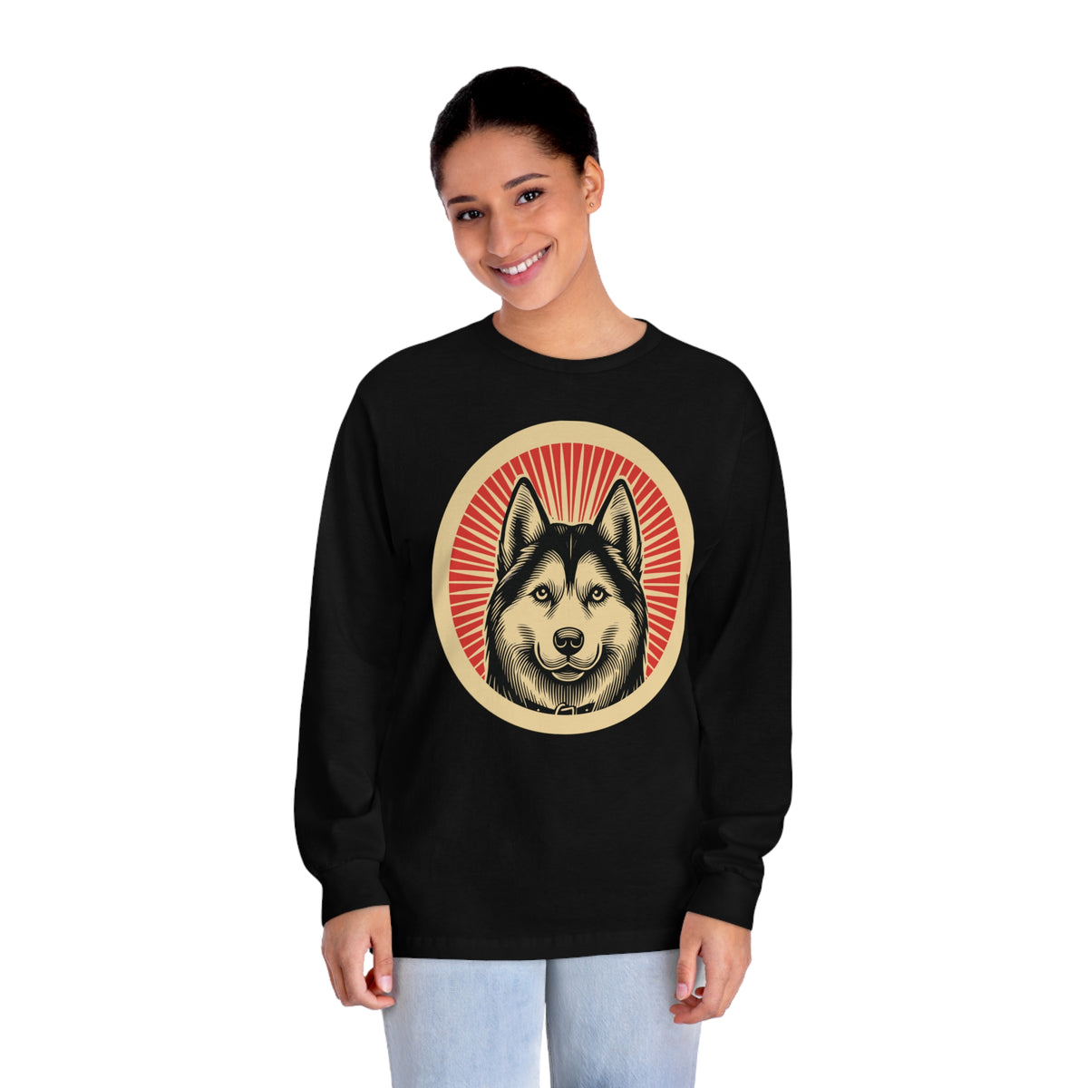 Siberian Husky badge art in a ring of red rays on a long-sleeve tee