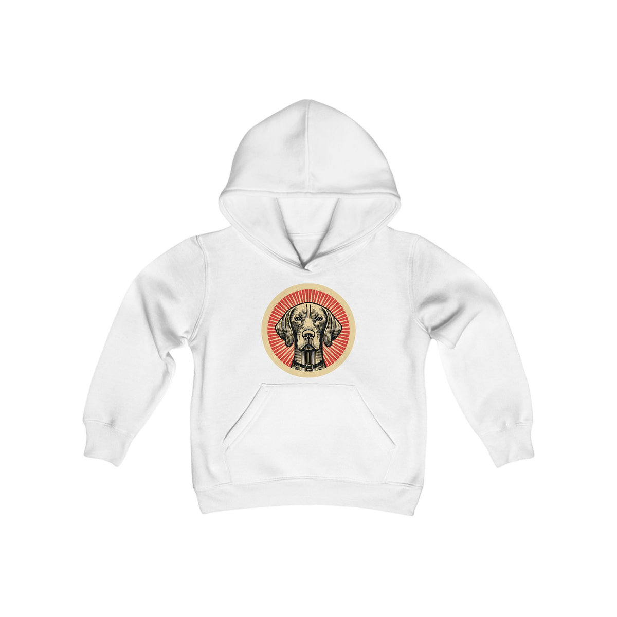 Vizsla badge art in a ring of red rays on a kids' hoodie