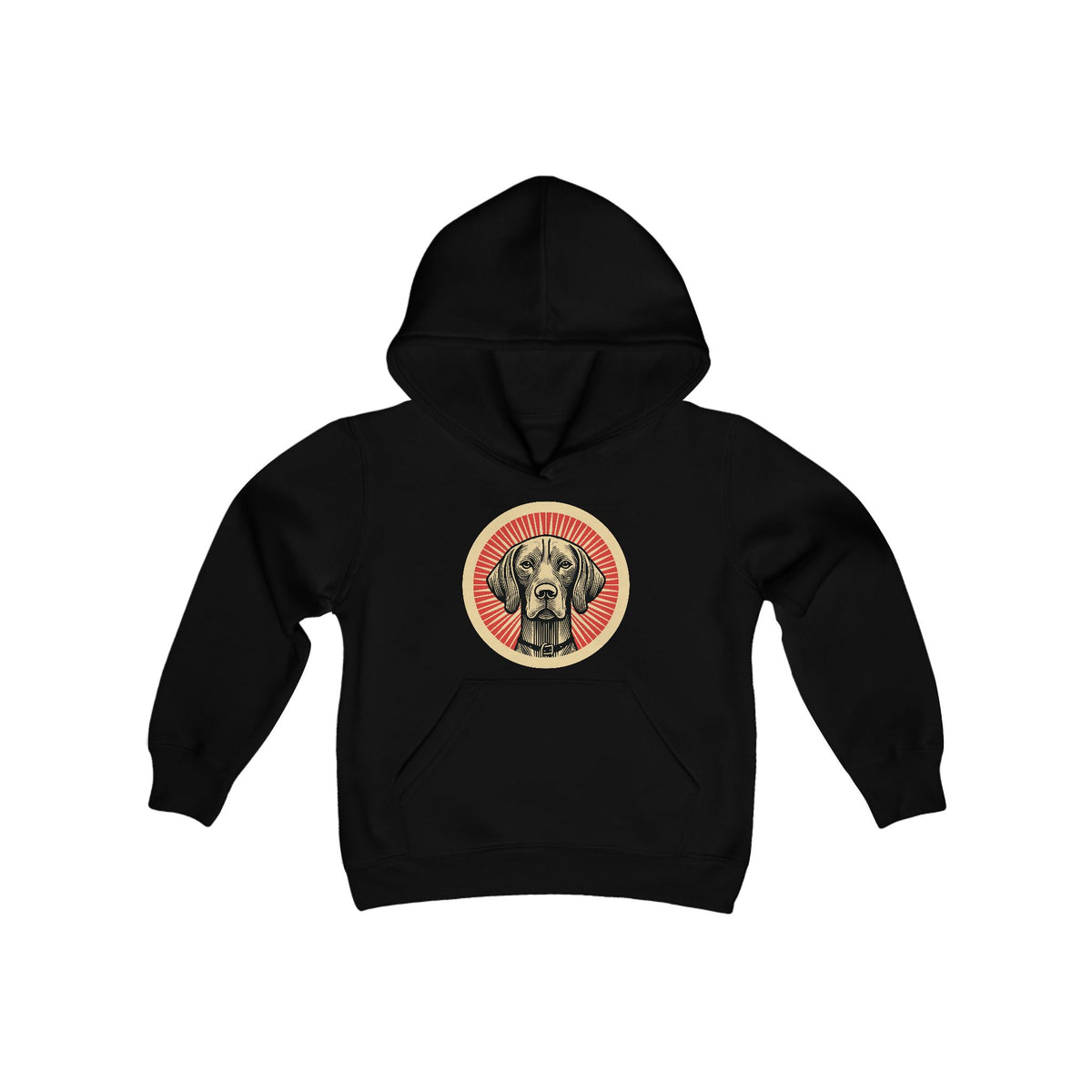 Vizsla badge art in a ring of red rays on a kids' hoodie