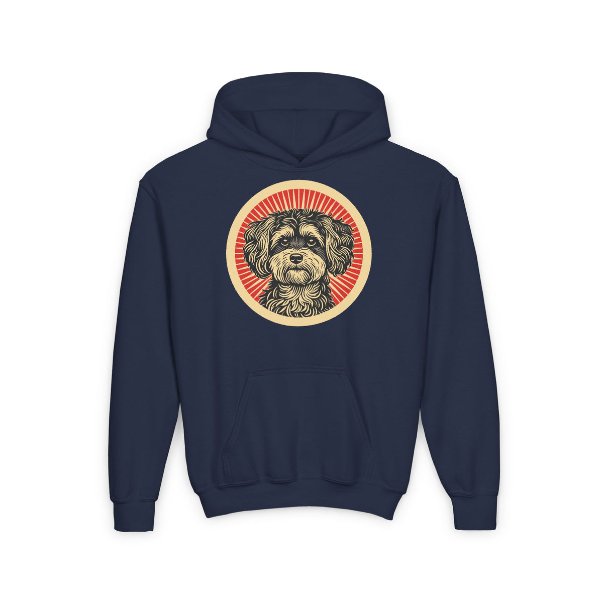 Maltipoo badge art in a ring of red rays on a kids' hoodie