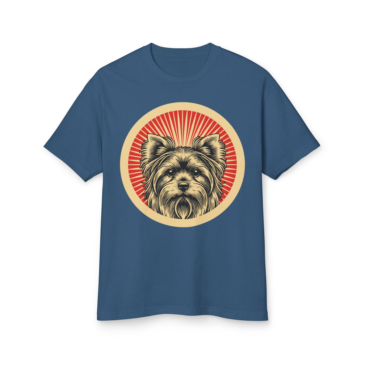 Yorkshire Terrier badge art in a ring of red rays on a heavyweight tee