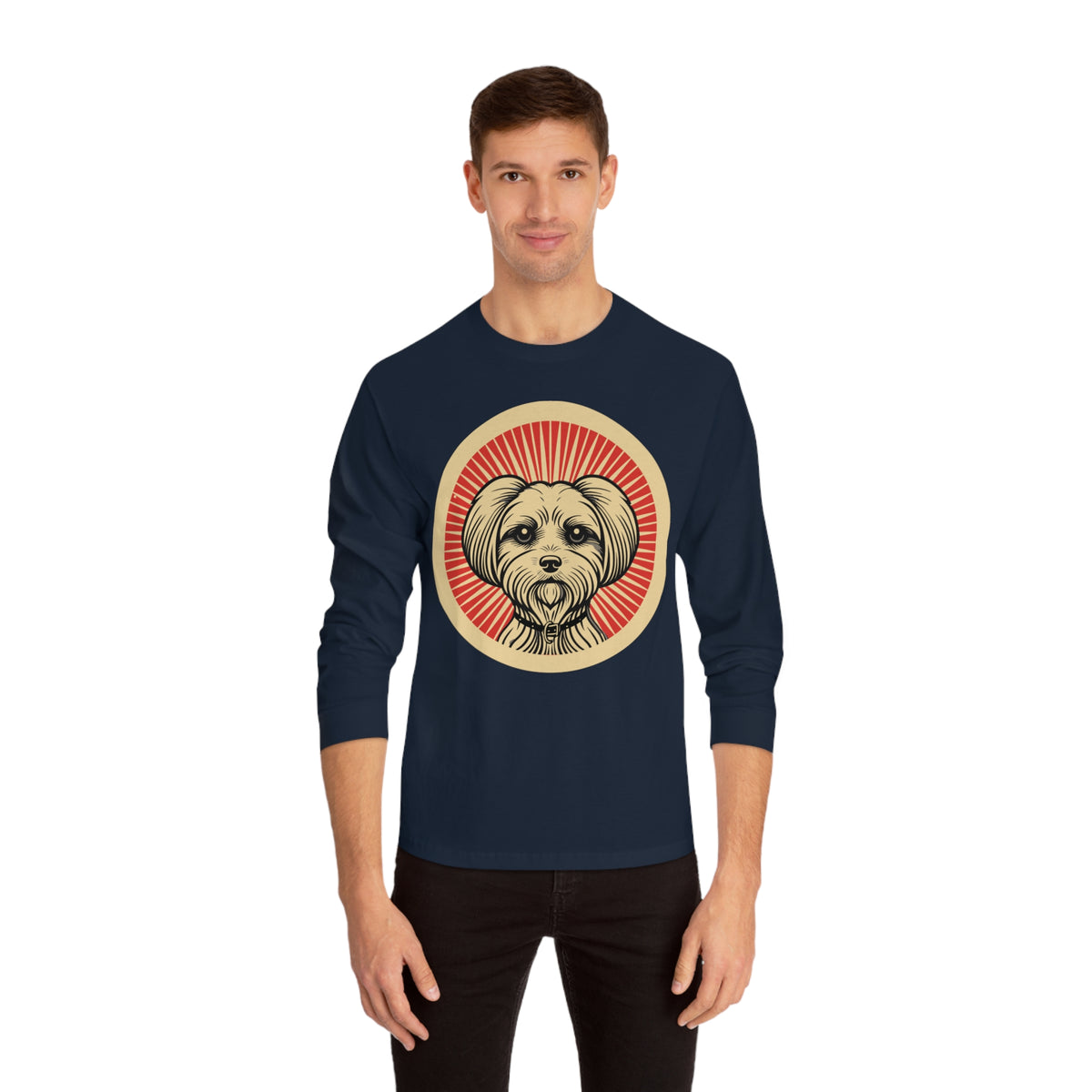 Maltese badge art in a ring of red rays on a long-sleeve tee