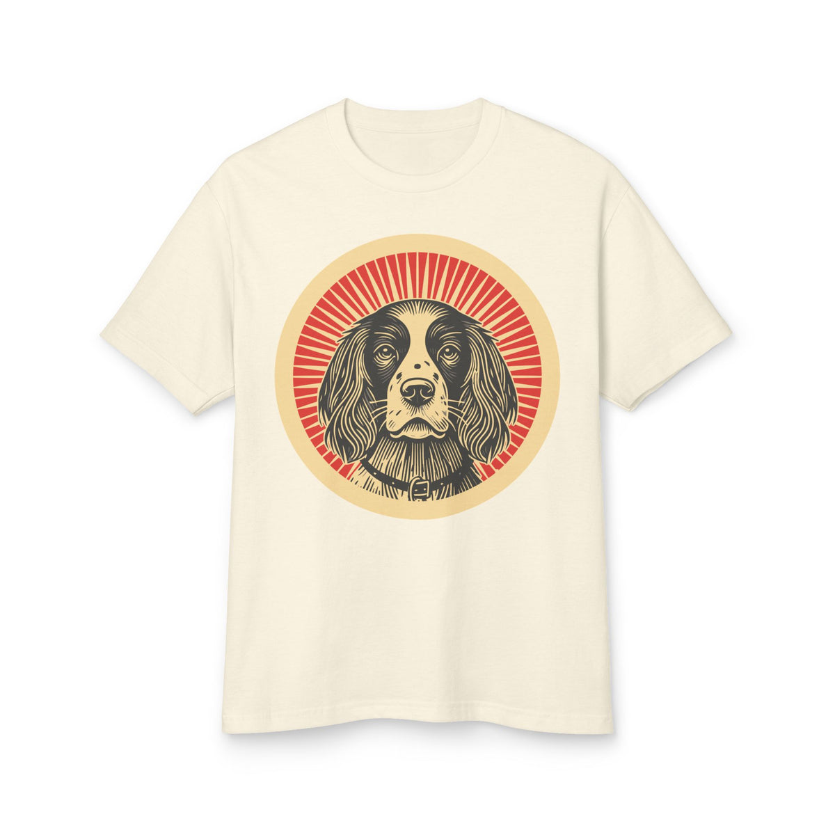 English Springer Spaniel badge art in a ring of red rays on a heavyweight tee