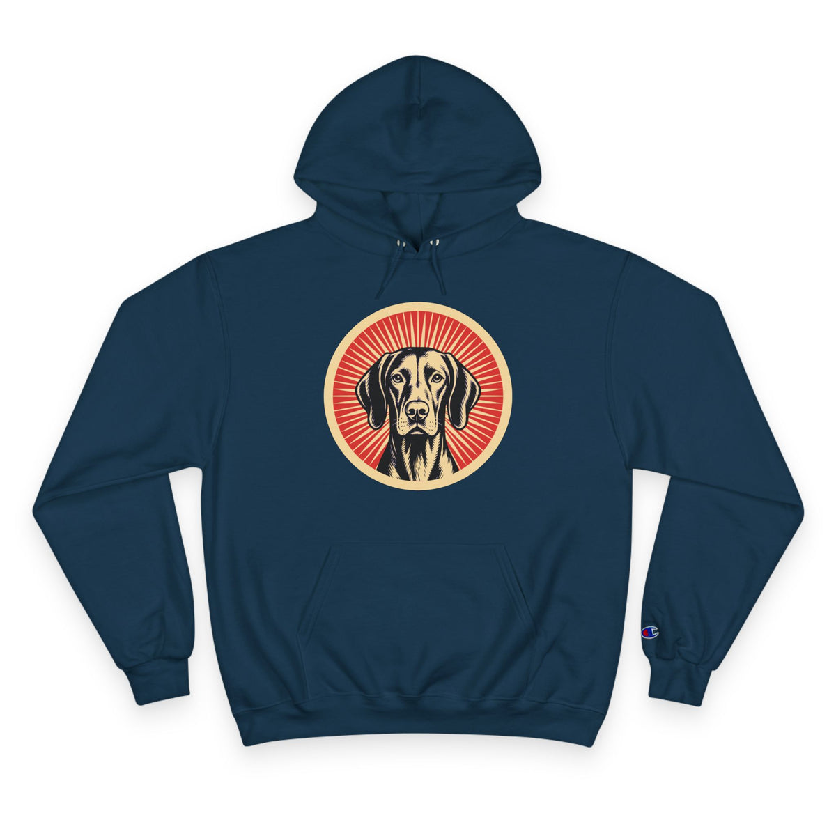 Vizsla badge art in a ring of red rays on a champion hoodie