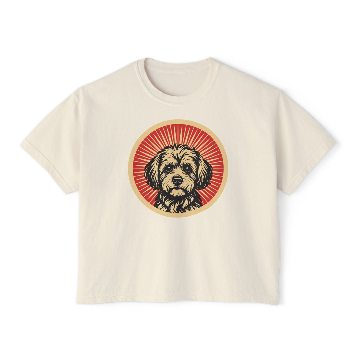 Yorkipoo badge art in a ring of red rays on a boxy tee